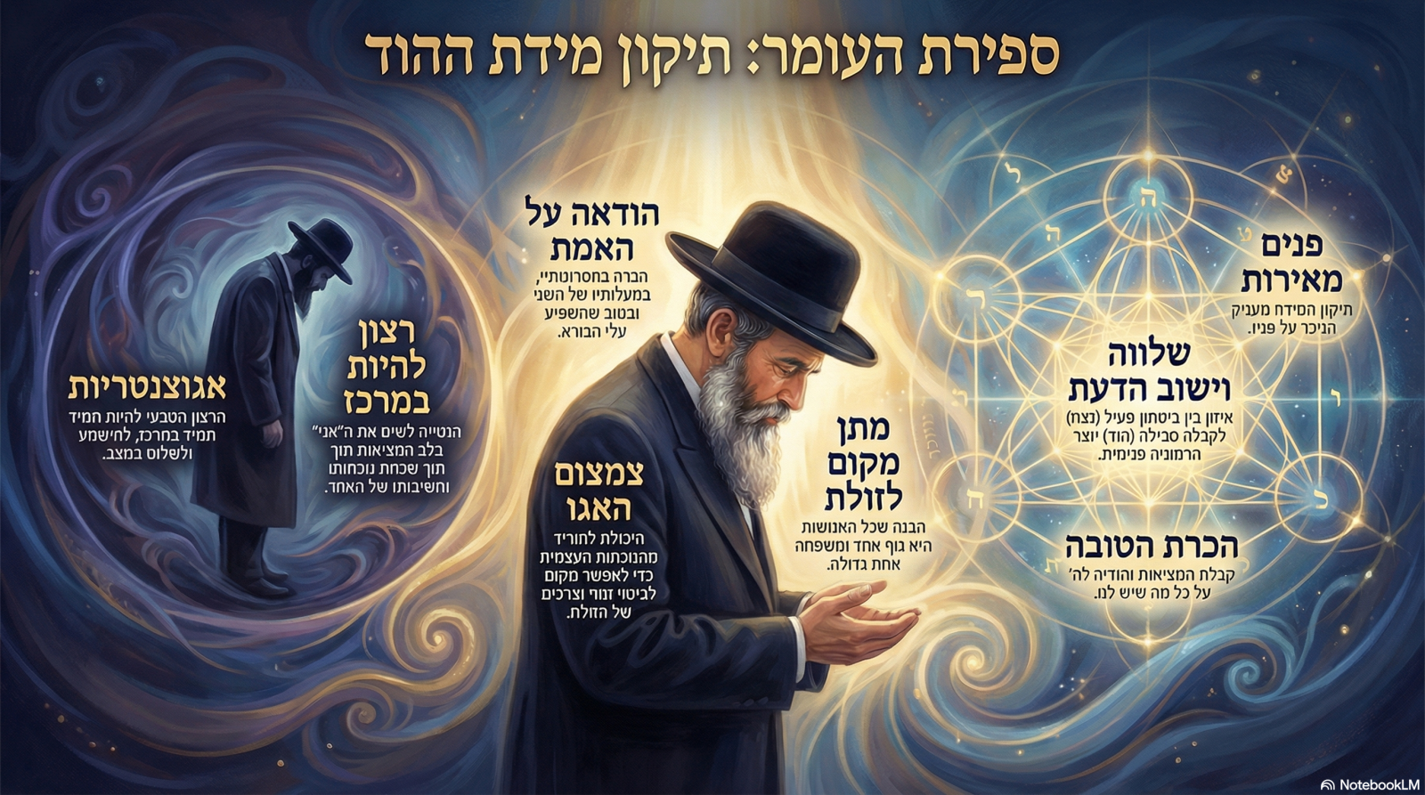 אינפוגרפיקה רוחנית על תיקון מידת ההוד בה נראה חרדי מפנה מקום לאור ומרפה מהאגו.