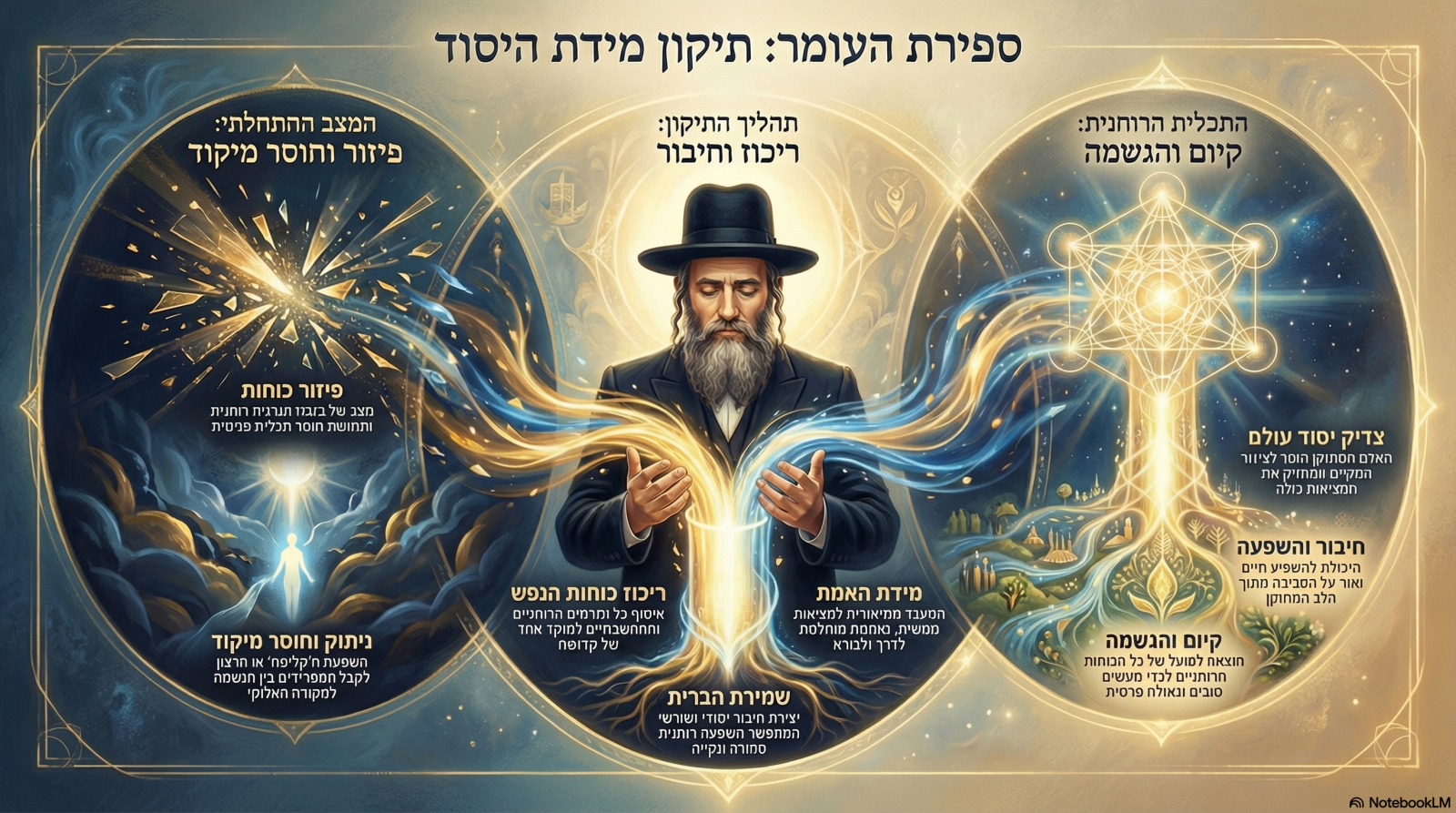 אינפוגרפיקה בה איש חרדי מרכז קרני אור הממחישה את תיקון מידת היסוד וחיבור רוחני.